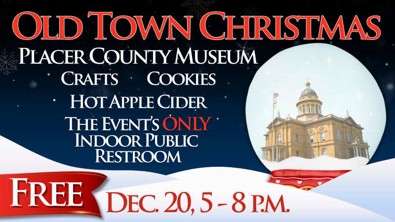 Historic courthouse in a snow globe sitting in a snow bank. Text: Old Town Christmas, Dec. 20, 5-8 p.m.