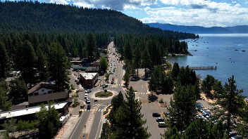 An aerial view of Kings Beach and the downtown commercial core roundabout.