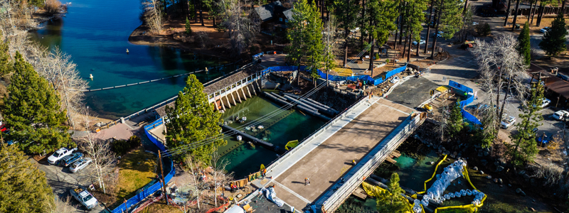 An aerial image of a nearly-complete Fanny Bridge in Tahoe City near Lake Tahoe. 