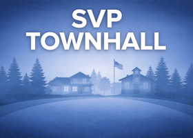 graphic of a small buildings and trees, overlay text SVP townhall