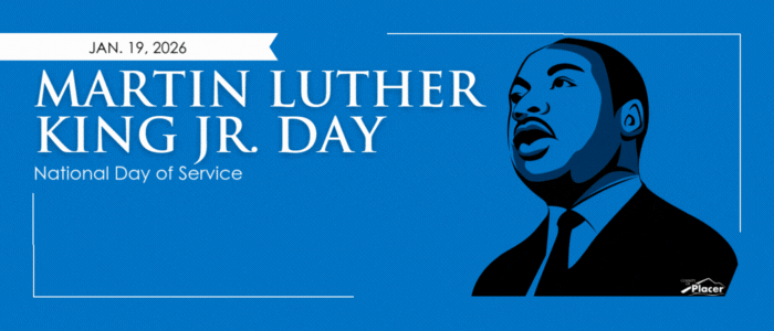 Graphic announcing Martin Luther King Jr. Day, highlighting it as a National Day of Service with a silhouette of MLK in a suit and tie.