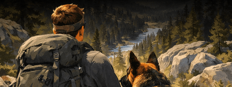 Illustration of a young man and a German Shepherd looking over a mountain valley