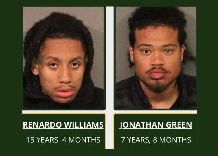 Mug shots of two men with text indicating their names and sentence lengths