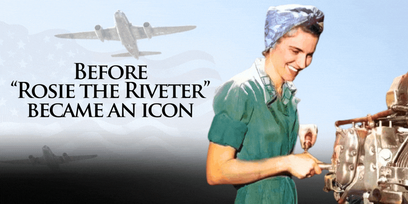 1940’s era women wearing a green jumpsuit holds a tool at an aircraft engine