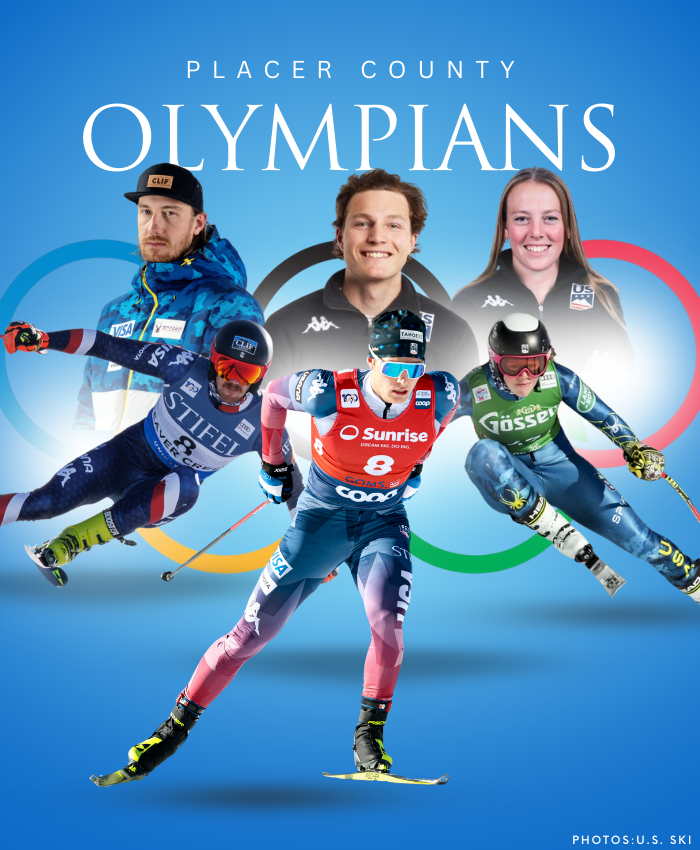 A blue background with images of three Placer County Olympians, including action images of them skiing with the Olympic rings in the background.