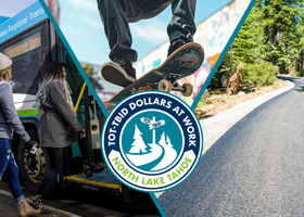 A three-way split image of a TART bus left, a skater’s feet and board above and a blacktop trail to the right with the TOT-TBID Dollars at Work logo.