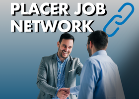 A grey-blue background with white text: Placer Job Network and a blue paperclip with two people in business attire shaking hands.