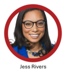 A picture of the speaker, Jess Rivers, a woman with long hair, wearing black rimmed glasses and blue blazer.