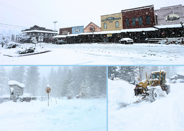 Collage of snowy roads and building in Placer County