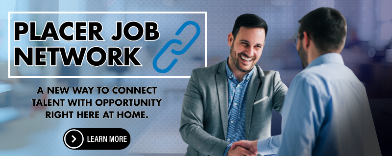 Two guys shaking hands in promotion of the Placer Job Net Work, black text and blue background