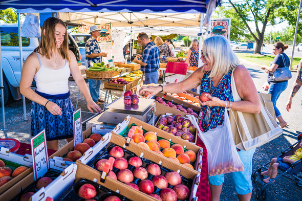 two women at a farmer's market stand, one of them weighing apples as she's placing them in a white bag