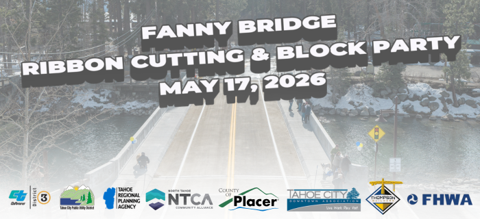 A photo of Fanny Bridge with logos from partners and text: Fanny Bridge ribbon cutting and block party May 17, 2026