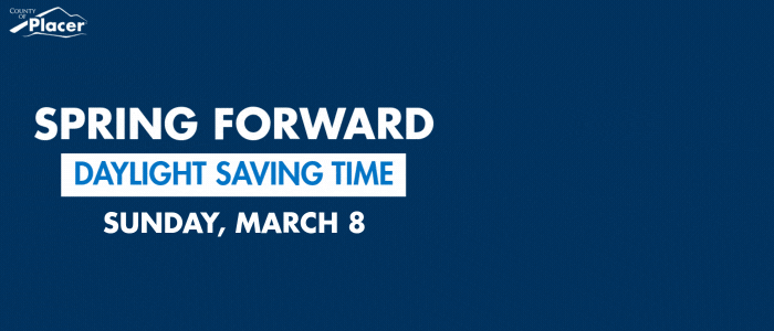 Animated clock graphic with text reading Spring Forward Daylight Saving Time Sunday March 8