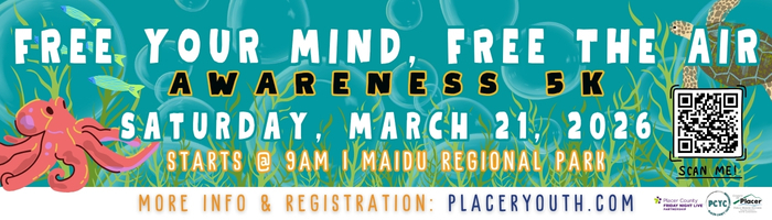 Banner for “Free Your Mind, Free the Air” Awareness 5k event at the Maidu Regional Park on March 21, linking to full information.