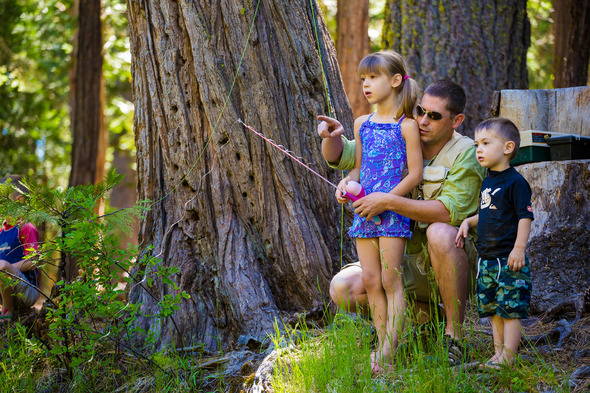 A dad fishing with two children