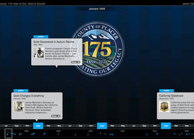 A GIF with a dark background and a horizontal timeline of white boxes containing images and text moving from right to left