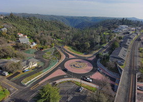 An aerial view of the roundabout on SR-49
