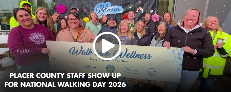 County staff group photo holding tan banner recognizing National Walking Day with text: Walk into Wellness and a play button overlay.