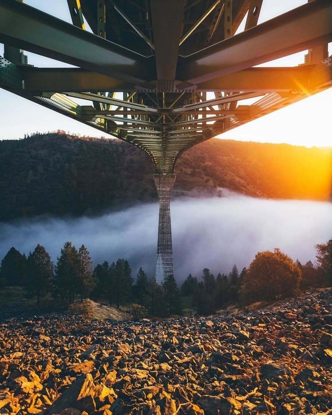 Foresthill bridge with fog rising