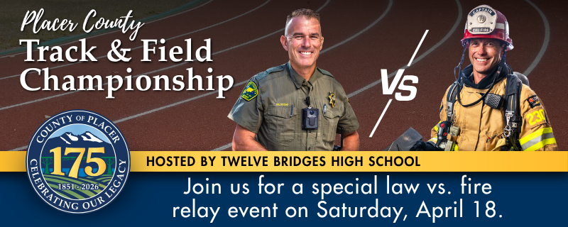 Placer County Track & Field Championship graphic showing a sheriff’s deputy in green and a firefighter in yellow gear