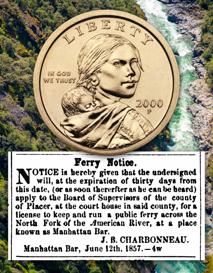 A gold coin featuring a smiling female native american with a baby swaddled to her back, layered over an image of trees and river.