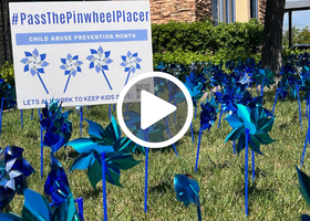 Blue pinwheels placed in a lawn with video play button overlayed