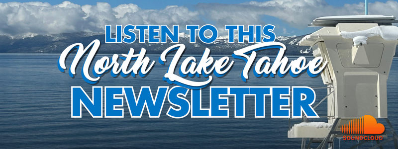 An image of a lifeguard station covered in snow on a beach overlooking Lake Tahoe with text: Listen to this newsletter.
