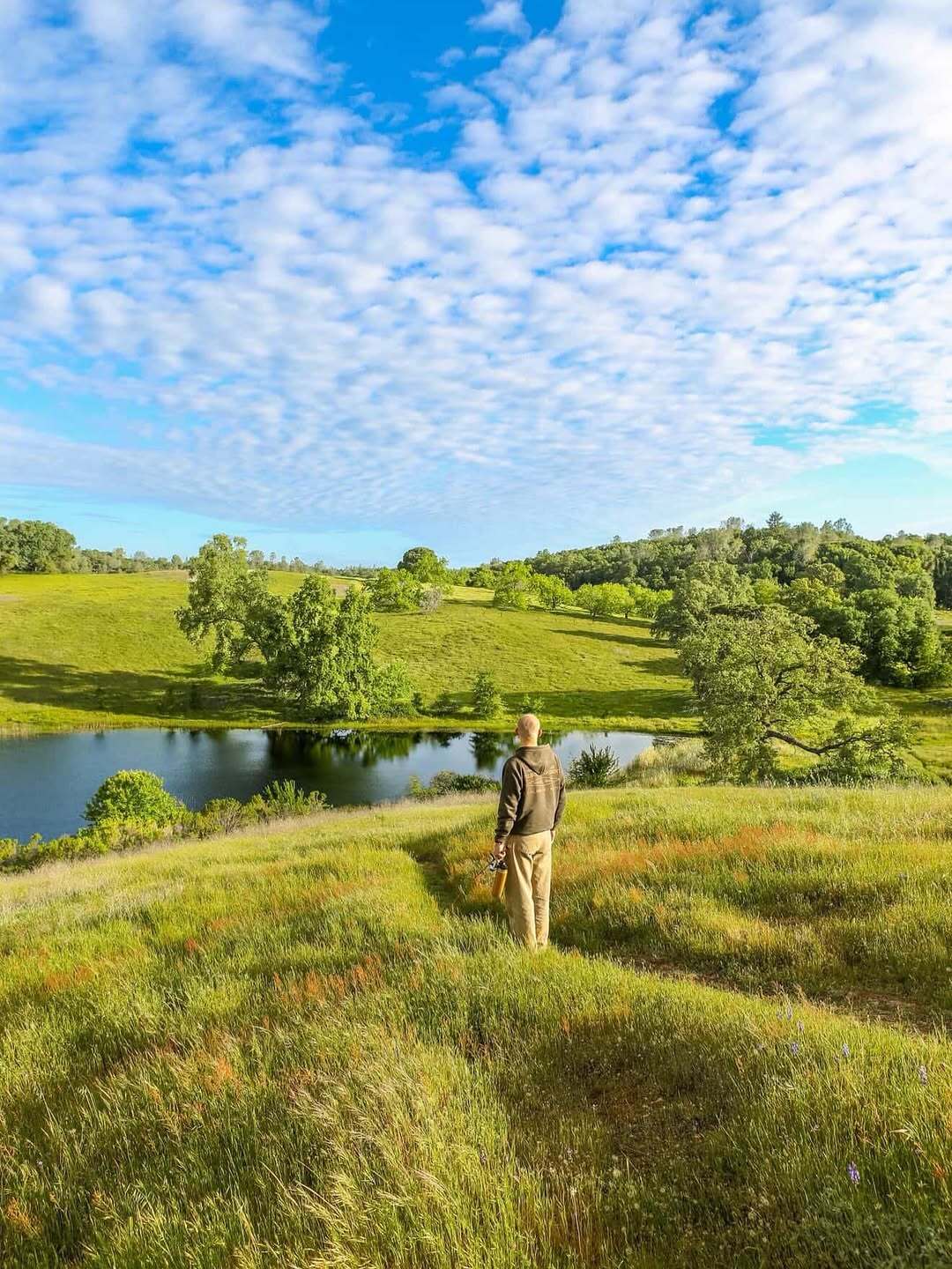 Man standing in a green field with a little pond in front and blue sky