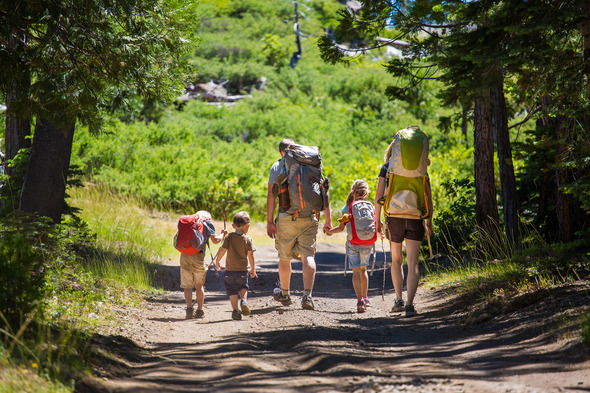 Family of 5 hiking on a trail in between trees