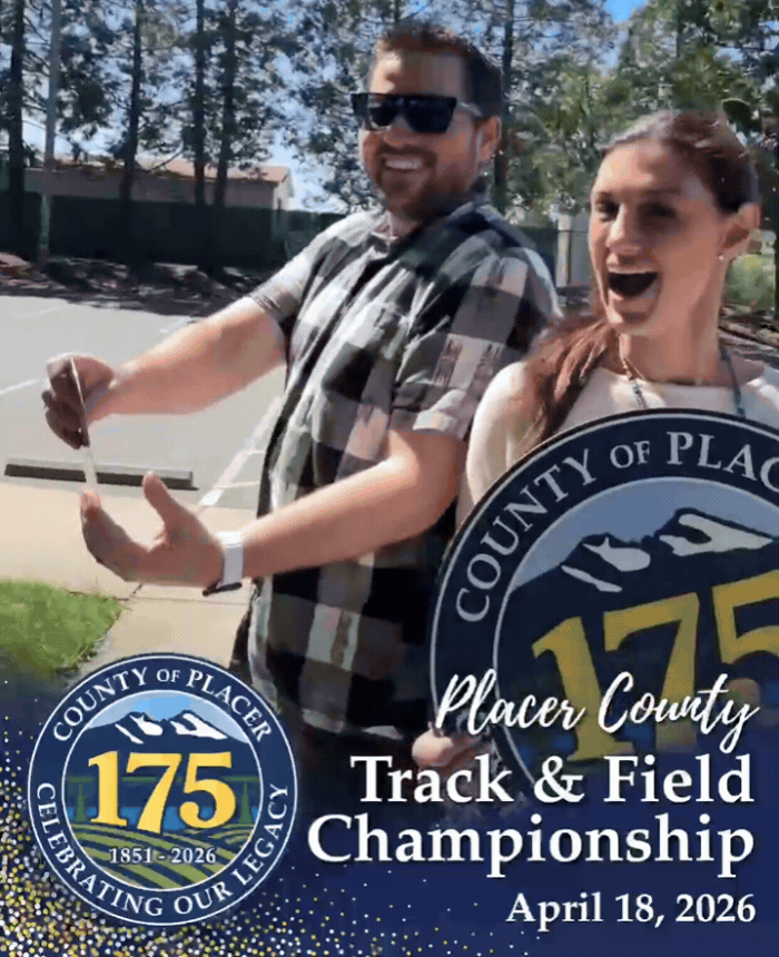 Rotating videos of people on a video platform holding signs of the county’s 175th anniversary logo and text: Placer County Track & Field Championship