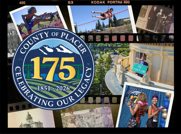 Collage of historic photos and track photos on a black background with polaroid borders and the county’s 175th anniversary seal