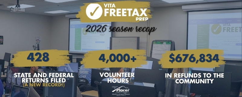 Slide presentation on projector screens VITA FREETAX PREP 2026 season recap information of the program’s success