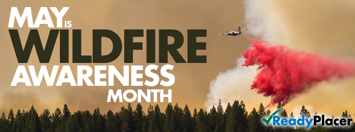 may wildfire awareness month graphic w helicopter and smoke, brown back ground