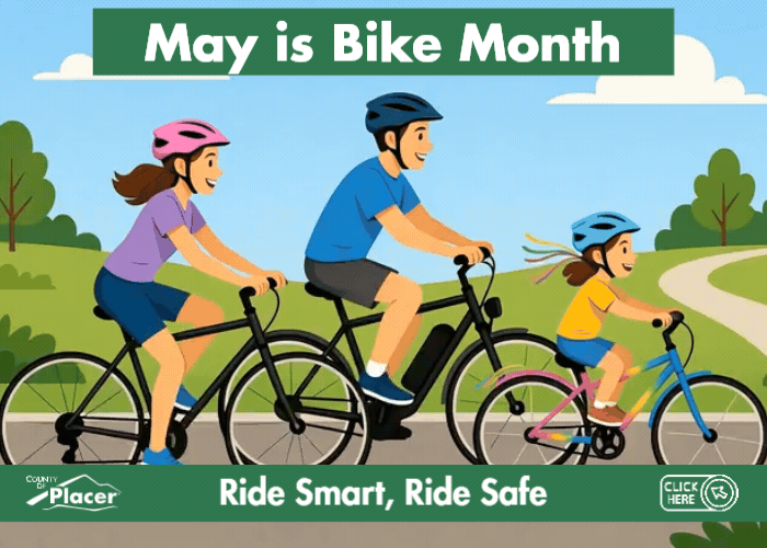 A family riding bikes on the trail wearing helmets. Words say May is bike month, ride smart, ride safe