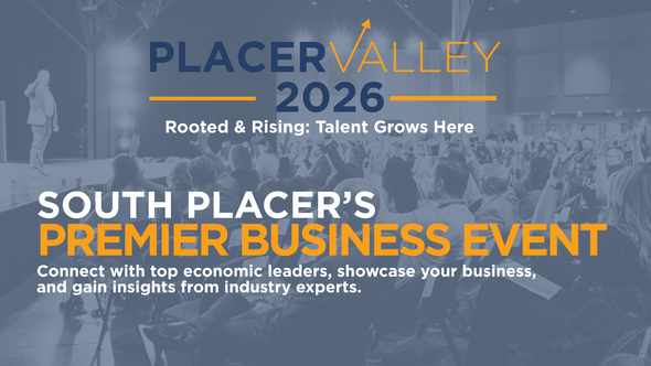 Light blue background of a stage and crowd with text: Placer Valley 2026 Rooted and Rising: Talent Grows here, South Placer’s Premier Business Event