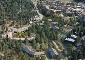 Realistic rendering of the Village at Palisades Tahoe Specific Plan at full build-out with wooden buildings amongst trees at the base of a mountain.