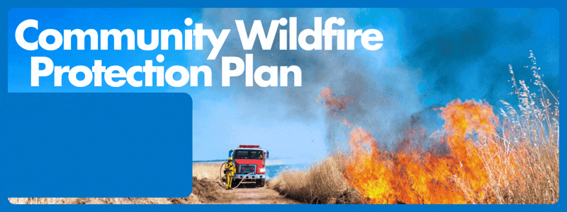 Fire truck on dirt road near wildfire as firefighter holds hose. Text promotes Placer County wildfire survey.