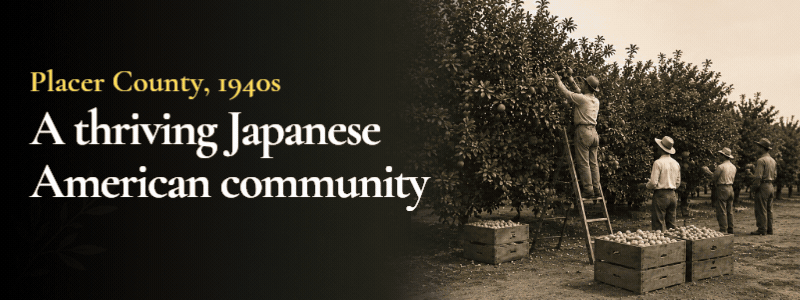Black &white historical images of Japanese Americans rotating with text about the Japanese American experience in World War II in Placer County