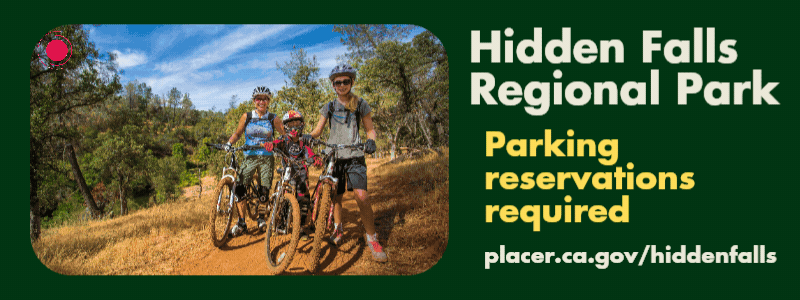 Pics of people using a trail. Text reads: Hidden Falls Regional Park requires a parking permit on weekends and peak use days. Get yours online.