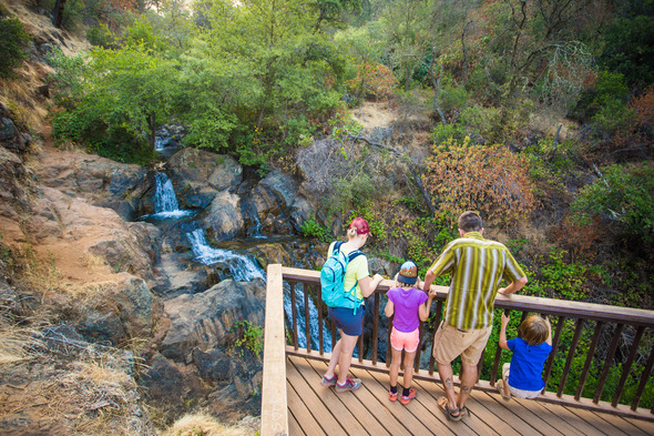 Family of 4 (parents and 2 kids) at the Hidden Falls overlook watching the waterfalls