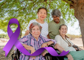 Purple awareness ribbon symbolizing Alzheimer's and brain health awareness over a photo of three elderly women