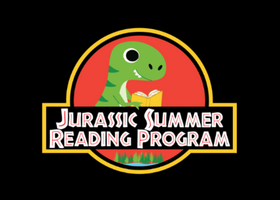 Logo with a baby dinosaur and text Jurassic Summer Reading Program