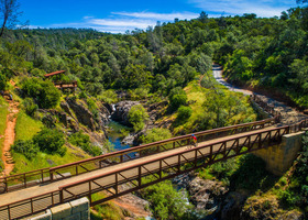 Man rides a mountain bike on a pedestrian bridge over a small stream surrounded by trails and trees.