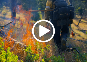 Firefighter in mountainous terrain walking away from burning scrub with a drip torch in his left hand.