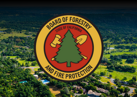 Aerial view of trees, rural neighborhood. A logo for the California Board of Forestry and Fire Protection