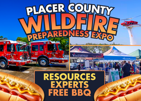 Photo collage of fire trucks and helicopter and special event with tents. Copy reads Placer County Wildfire Preparedness Expo