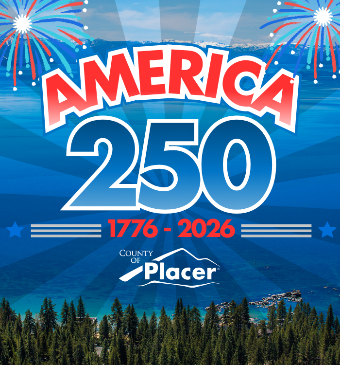 View across Lake Tahoe with America 250 and County of Placer logo overlayed