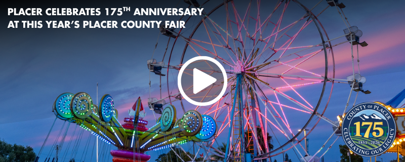 A Ferris wheel at night at the Placer County Fair with text about the county's 175th anniversary