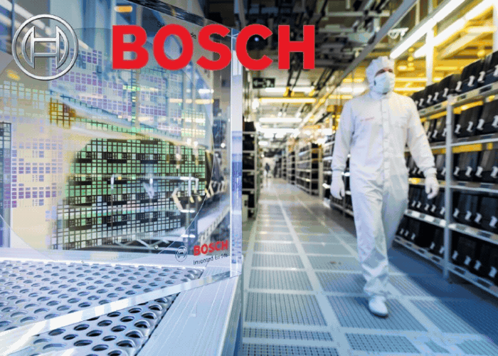 Rotating images of employees working at a Bosch manufacturing facility and producing wafer-like silicon chips with a red Bosch logo.