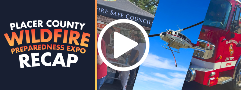A play button graphic is layered over images of a fire engine and helicopter, and people at a public event.